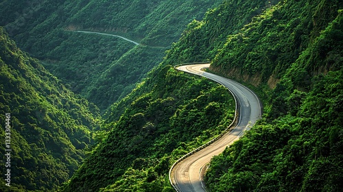 Top view a rugged mountain road with dense green trees lining the path