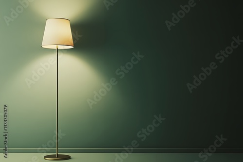 グリーンの壁際に佇む温かい光を放つフロアランプのシンプルなインテリア | Simple Interior with Warmly Lit Floor Lamp Against a Green Wall