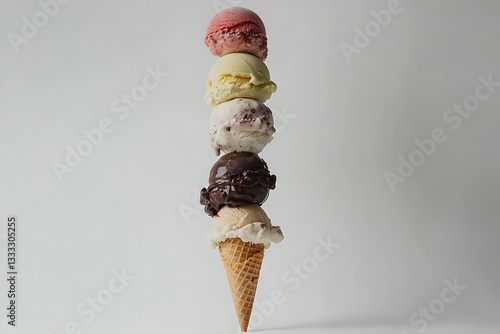 Various ice cream cones stacked together on a clean white background