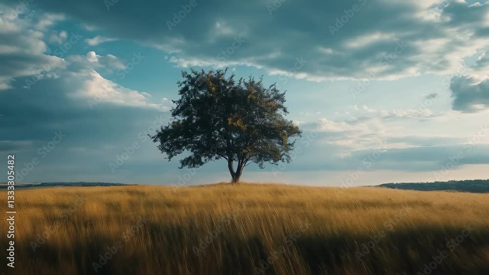 Beautiful solitary tree standing tall in a golden field under a wide, cloudy sky during a serene evening