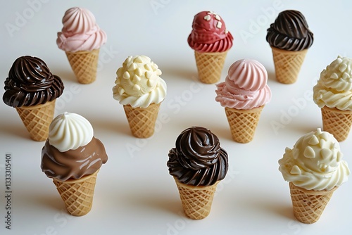 Various ice cream cones with chocolate vanilla and strawberry scoops placed neatly on a white surface