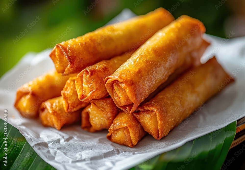 Deliciously Crispy Spring Rolls Stacked on White Paper Surrounded by Lush Greenery for an Inviting Culinary Presentation Deliciously Crispy Spring Rolls Stacked on White Paper Surrounded by Lush Greenery for an Inviting Culinary Presentation
