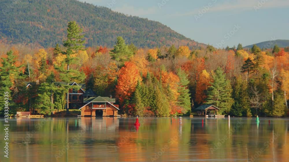 This 4K drone shot captures a beautiful house sitting by the serene Lake Placid, surrounded by vibrant autumn trees. The warm sunset adds a magical glow to this peaceful scene. This 4K drone shot captures a beautiful house sitting by the serene Lake Placid, surrounded by vibrant autumn trees. The warm sunset adds a magical glow to this peaceful scene.