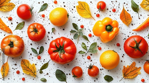 Vibrant Arrangement of Fresh Vegetables and Fruits with Autumn Leaves on Bright Background