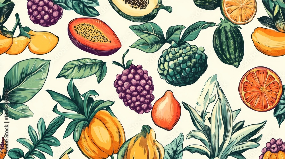 36.Whimsical seamless print of overlapping tropical fruits and vegetables with hand-sketched details, vibrant color gradients, and a light cream background to enhance contrast and charm. 36.Whimsical seamless print of overlapping tropical fruits and vegetables with hand-sketched details, vibrant color gradients, and a light cream background to enhance contrast and charm.