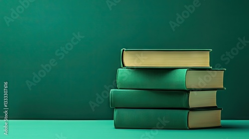 Green books stacked, dark green background, education concept, website banner