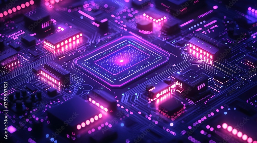 Vibrant Abstract Technology Circuit Board with Neon Lights and Microchips in Futuristic Design Vibrant Abstract Technology Circuit Board with Neon Lights and Microchips in Futuristic Design