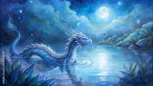 Fototapeta Naklejka Na Ścianę i Meble -  Blue dragon swimming in a lake under the moonlight, a watercolor illustration of a mythical creature in a serene landscape