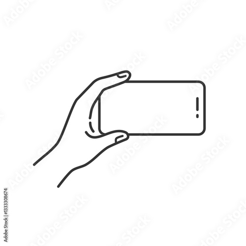 横向きのスマホを片手で持つベクターアイコン (線画・モノクロ)