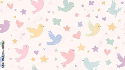 Whimsical seamless bird pattern nature digital art fantasy environment aerial view tiny birds concept