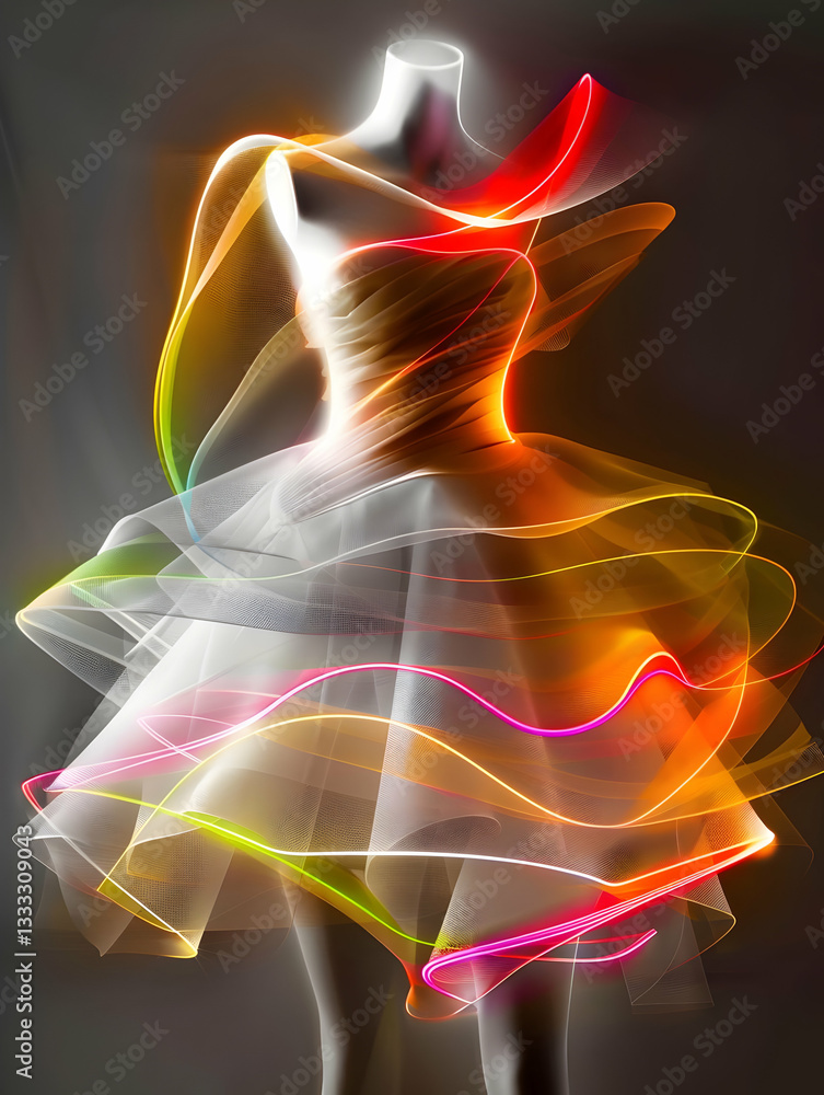 A dress form is accented with bright, neon light streaks, on a gray background A dress form is accented with bright, neon light streaks, on a gray background