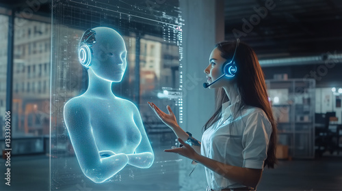 female call center agent and an AI assistant displayed on a floating holographic screen, collaborating on customer service