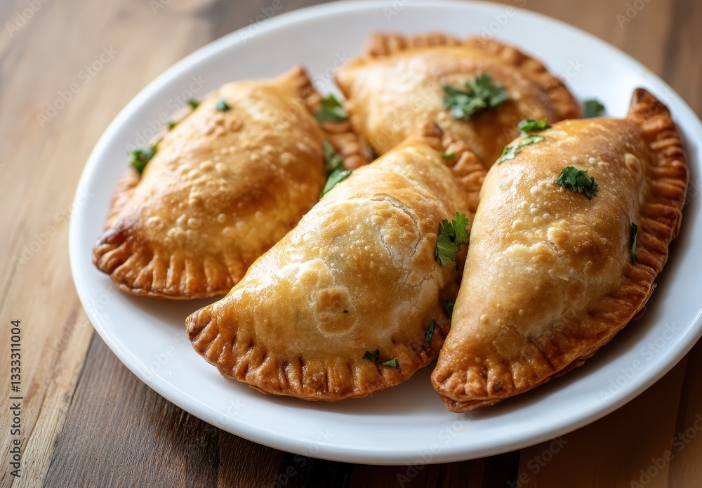 Deliciously Golden-Brown Pastries Filled with Savory Ingredients on a White Plate Surrounded by Fresh Herbs and Rustic Wooden Background Deliciously Golden-Brown Pastries Filled with Savory Ingredients on a White Plate Surrounded by Fresh Herbs and Rustic Wooden Background