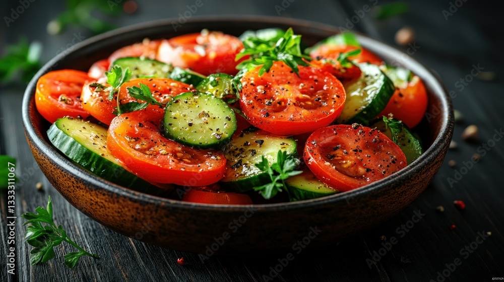 Fresh, vibrant salad of sliced cucumbers and tomatoes Fresh, vibrant salad of sliced cucumbers and tomatoes