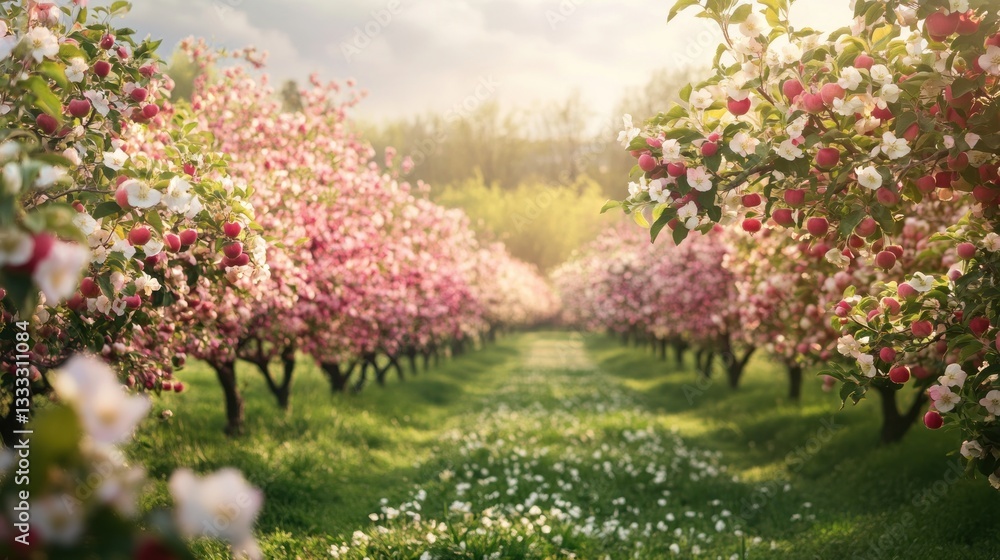 Enchanting apple orchard bursting with pink blossoms and nascent fruit, serene landscape Enchanting apple orchard bursting with pink blossoms and nascent fruit, serene landscape