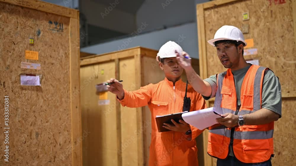 Two parcel inspectors work together to inspect parcels in a large ...
