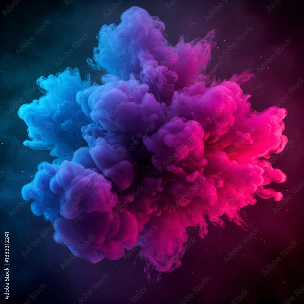 Fototapeta premium Colorful powder explosion, blue and pink hues. Abstract dust cloud, vibrant and dynamic background, color splash effect.