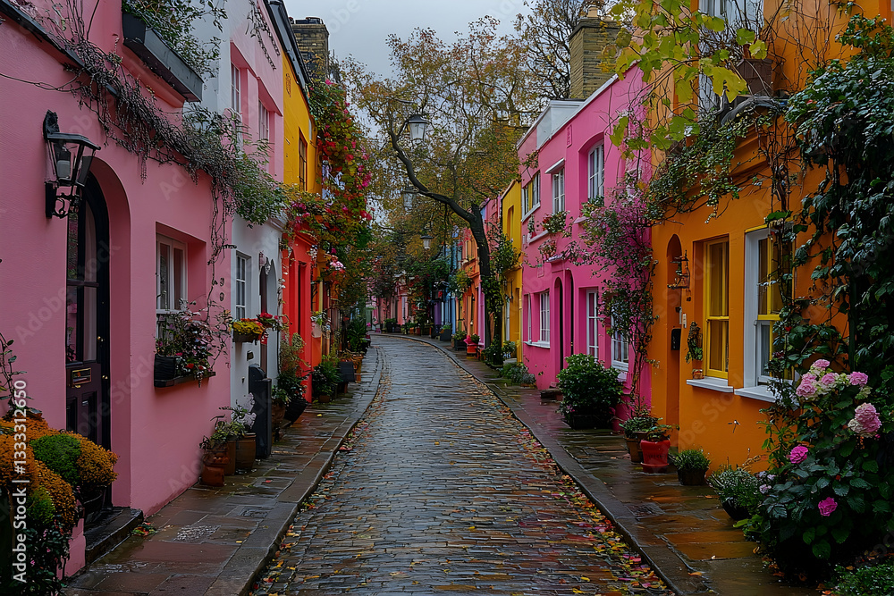Fototapeta premium Charming colorful street lined with pastel houses, autumn foliage, and cobblestone pathway in a quaint neighborhood