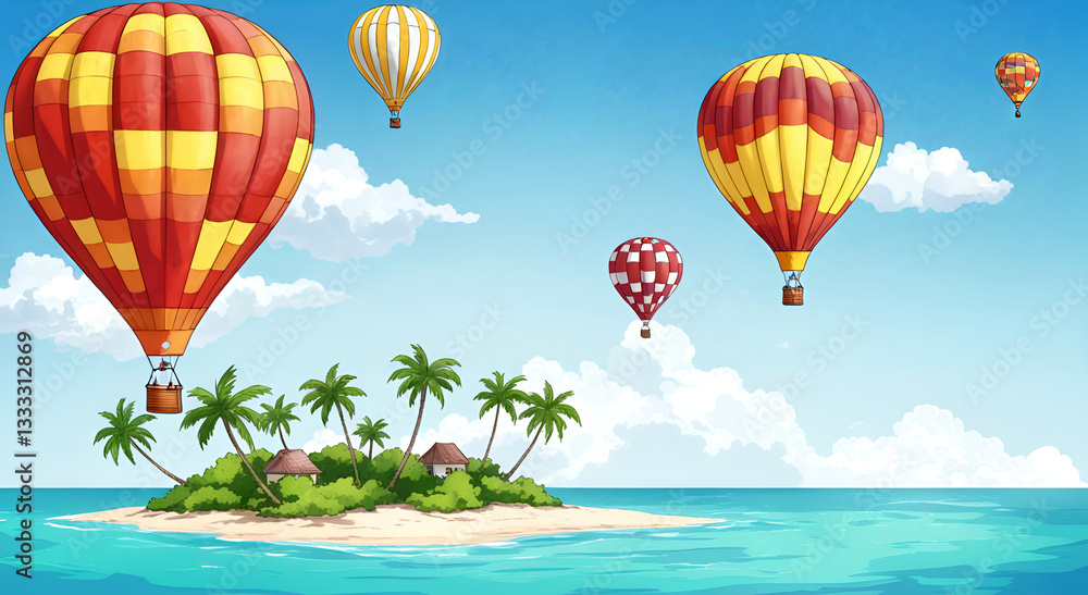 Colorful Cartoon Balloons Floating Over a Tropical Island in Ocean, Adventure and Travel Concept Colorful Cartoon Balloons Floating Over a Tropical Island in Ocean, Adventure and Travel Concept