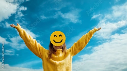 Happy person wearing yellow sweater enjoying a bright sunny day outdoors with arms raised against a blue sky and fluffy white clouds