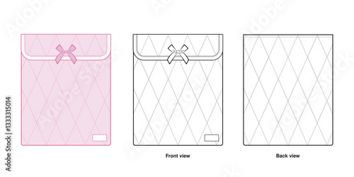 Quilted Bow Laptop Sleeve Technical Fashion Illustration. Stylish Protective Case Vector Template. Front and Back View. Elegant Padded Cover. CAD Mockup Set.