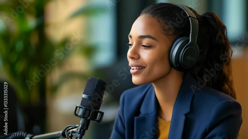 Young woman with headphones engaging in a discussion while recording content in a bright modern studio space