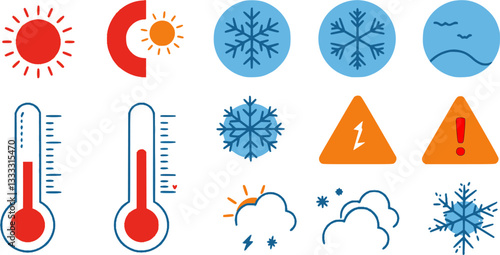 Set different thermometer with hot sun, cold snowflake and warning sign vector illustration
