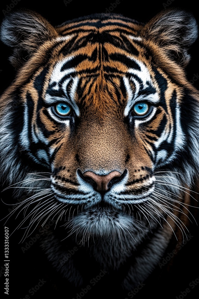 Obraz premium Intense Close-Up Portrait of a Majestic Tiger with Striking Blue Eyes Against a Dark Background Showcasing Its Powerful Features and Vivid Stripes