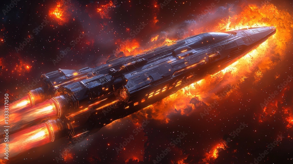 Fototapeta premium Futuristic spaceship soaring through vibrant cosmic scenery with fiery explosions in space