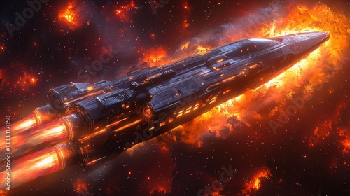 Futuristic spaceship soaring through vibrant cosmic scenery with fiery explosions in space