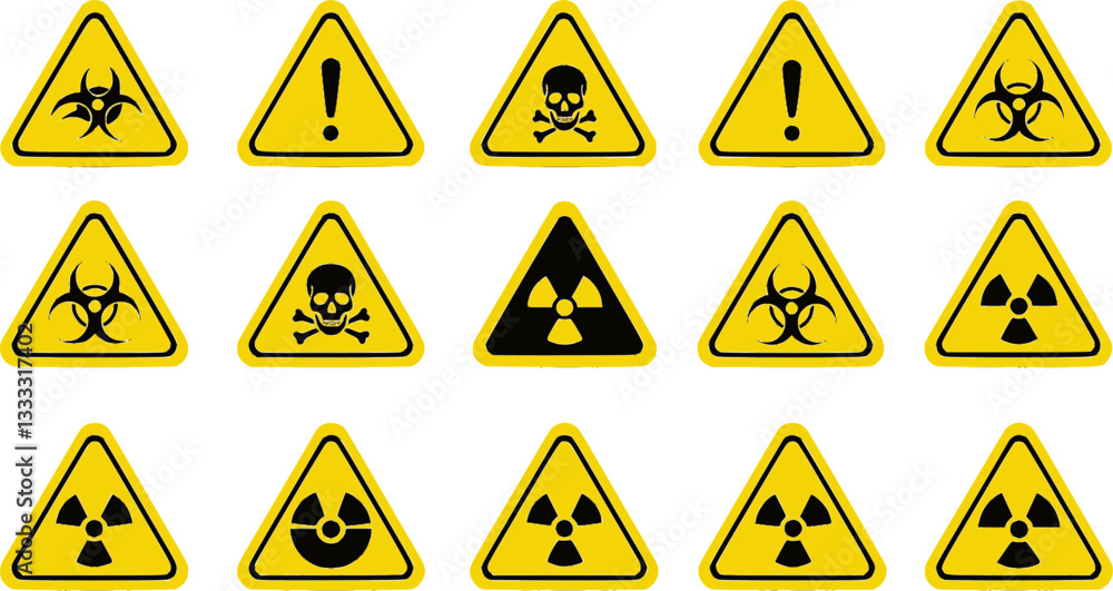 Set of warning signs with a skull, biohazard, radioactive and fallout symbols in yellow triangle sign vector illustration
Set of warning signs with a skull, biohazard, radioactive and fallout symbols in yellow triangle sign vector illustration