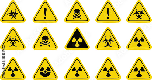 Set of warning signs with a skull, biohazard, radioactive and fallout symbols in yellow triangle sign vector illustration
