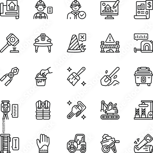 Construction black line icons set. Vector Illustration. Set of 25 Construction icons in line style 