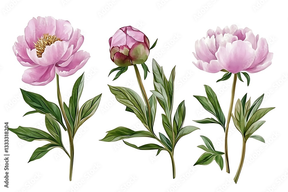 Obraz premium Pink peonies flowers set isolated white background. Watercolor botanical painting for floral design. Floral Arrangement