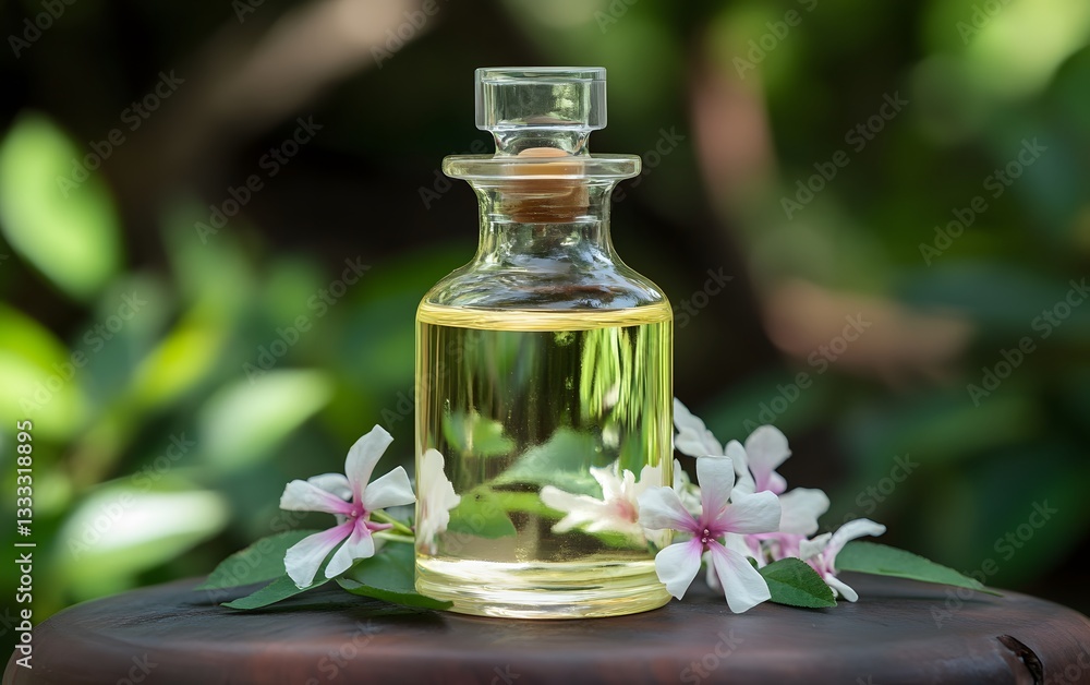 Natural Herbal Essential Oil in Glass Bottle with Flowers Natural Herbal Essential Oil in Glass Bottle with Flowers