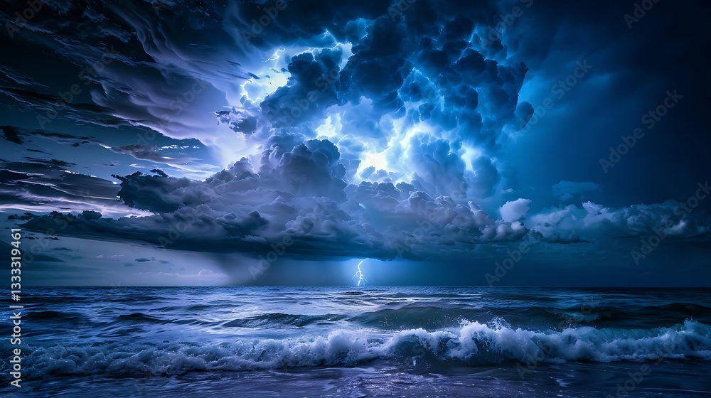 Fototapeta premium A dramatic thunderstorm over the ocean, with lightning bolts striking the water