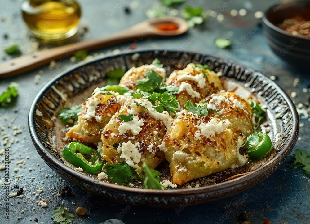 Flavorful Stuffed Dumplings Garnished with Fresh Herbs and Cheese on Rustic Plate Surrounded by Spices and Ingredients for a Culinary Delight Flavorful Stuffed Dumplings Garnished with Fresh Herbs and Cheese on Rustic Plate Surrounded by Spices and Ingredients for a Culinary Delight