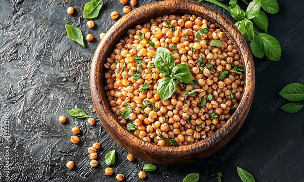 A rustic wooden bowl filled with golden grains and fresh basil leaves on a textured dark surface A rustic wooden bowl filled with golden grains and fresh basil leaves on a textured dark surface