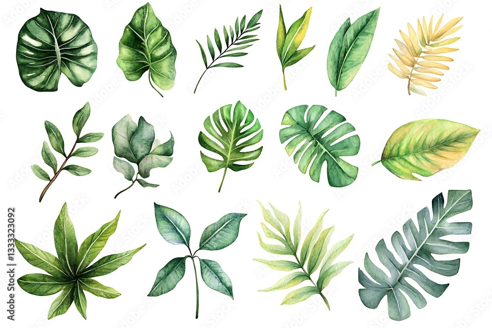 Palm leaves set, watercolor botanical painting. Jungle illustrations, monstera and banana leaf. Tropical green plant. Palm leaves set, watercolor botanical painting. Jungle illustrations, monstera and banana leaf. Tropical green plant.