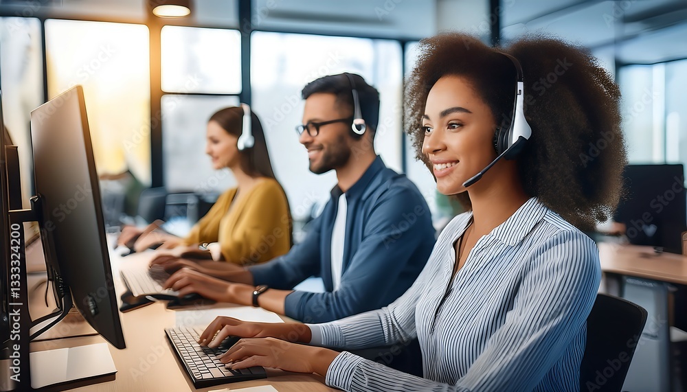Diverse Customer Support Team Assisting Clients in a Bright Open Office Diverse Customer Support Team Assisting Clients in a Bright Open Office