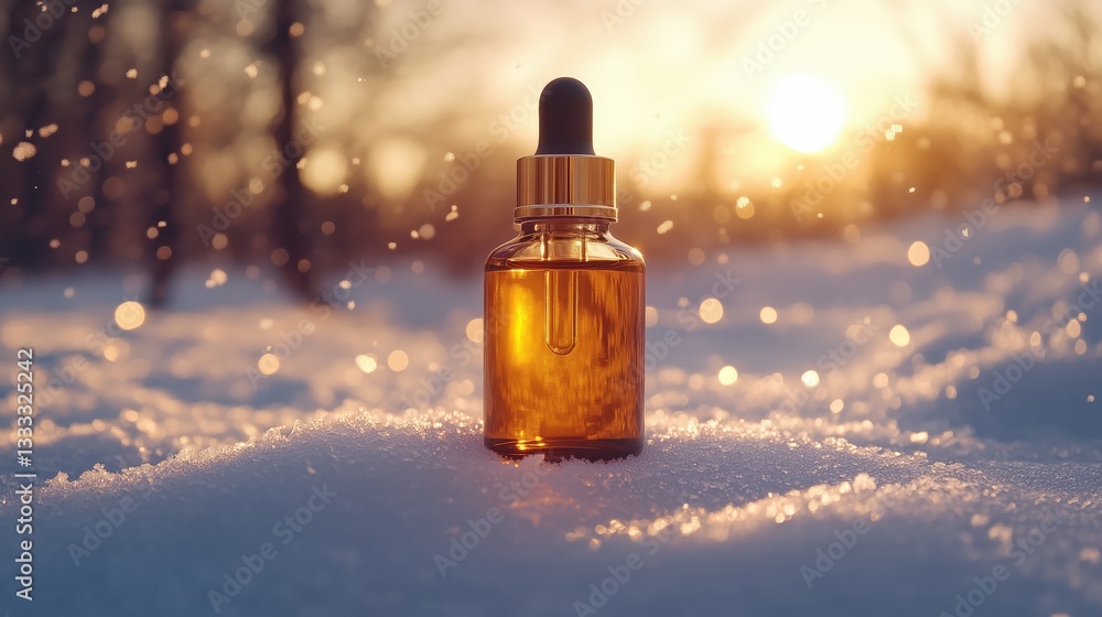 Bottle of perfume on snow, capturing the essence of winter freshness. Bottle of perfume on snow, capturing the essence of winter freshness.