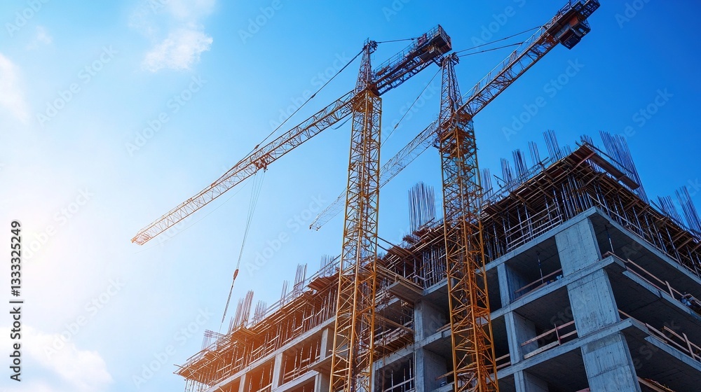 Crane Dominating Construction Site Against Blue Sky. Modern Urban Development and Construction Progress Crane Dominating Construction Site Against Blue Sky. Modern Urban Development and Construction Progress
