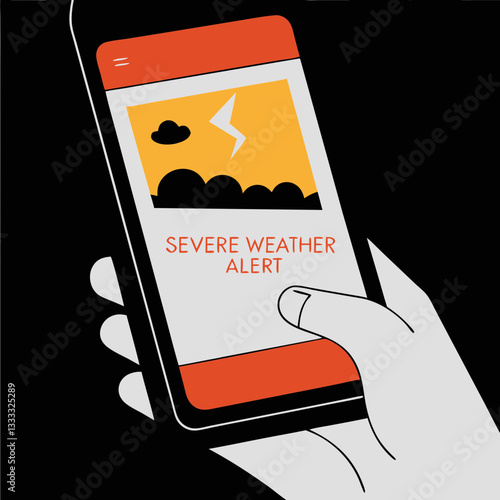 Weather alert notification, urgent mood, smartphone display with severe weather warning