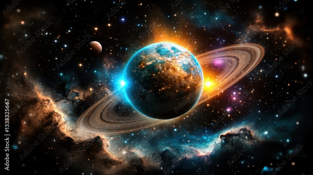 Cosmic planet with rings in nebula space Cosmic planet with rings in nebula space