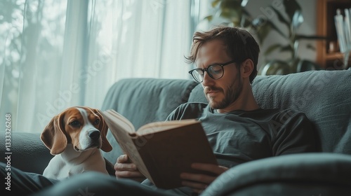 A man reading a book with his beagle dog on a couch.