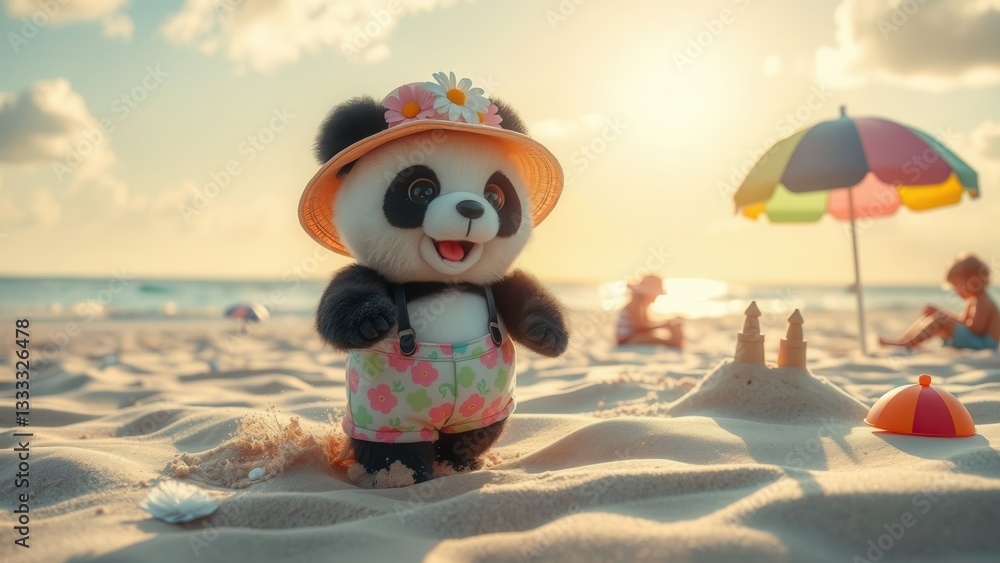 Obraz premium Panda bear toy wearing hat and overalls at the beach