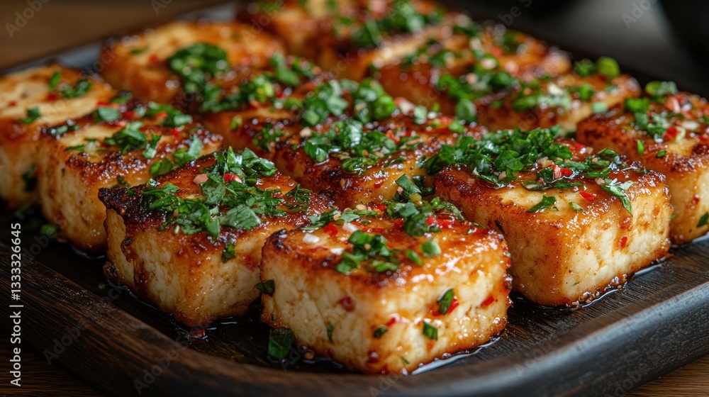 Crispy pan-seared tofu cubes, garnished with herbs, on a dark wooden board, with blurred background of other food Crispy pan-seared tofu cubes, garnished with herbs, on a dark wooden board, with blurred background of other food