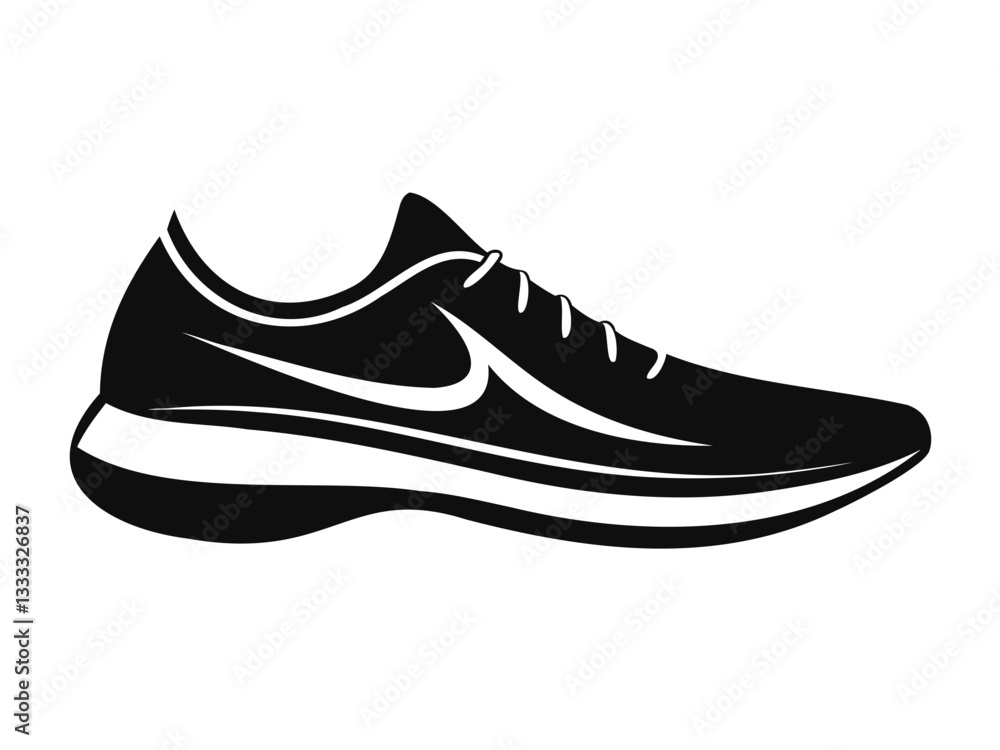 A black Silhouette vector illustration of a running shoe in motion, featuring a detailed lace-up design and curved, dynamic lines isolated on a transparent background A black Silhouette vector illustration of a running shoe in motion, featuring a detailed lace-up design and curved, dynamic lines isolated on a transparent background