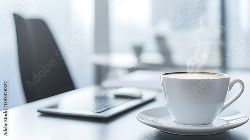 Enjoying a hot cup of coffee in a modern office setting with a laptop relaxed atmosphere close-up view