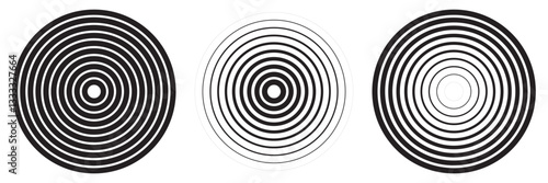Abstract black concentric, hypnotic dotted and line circle elements isolated on a white background. Halftone ring polygon pattern. Geometric centric vector illustration
